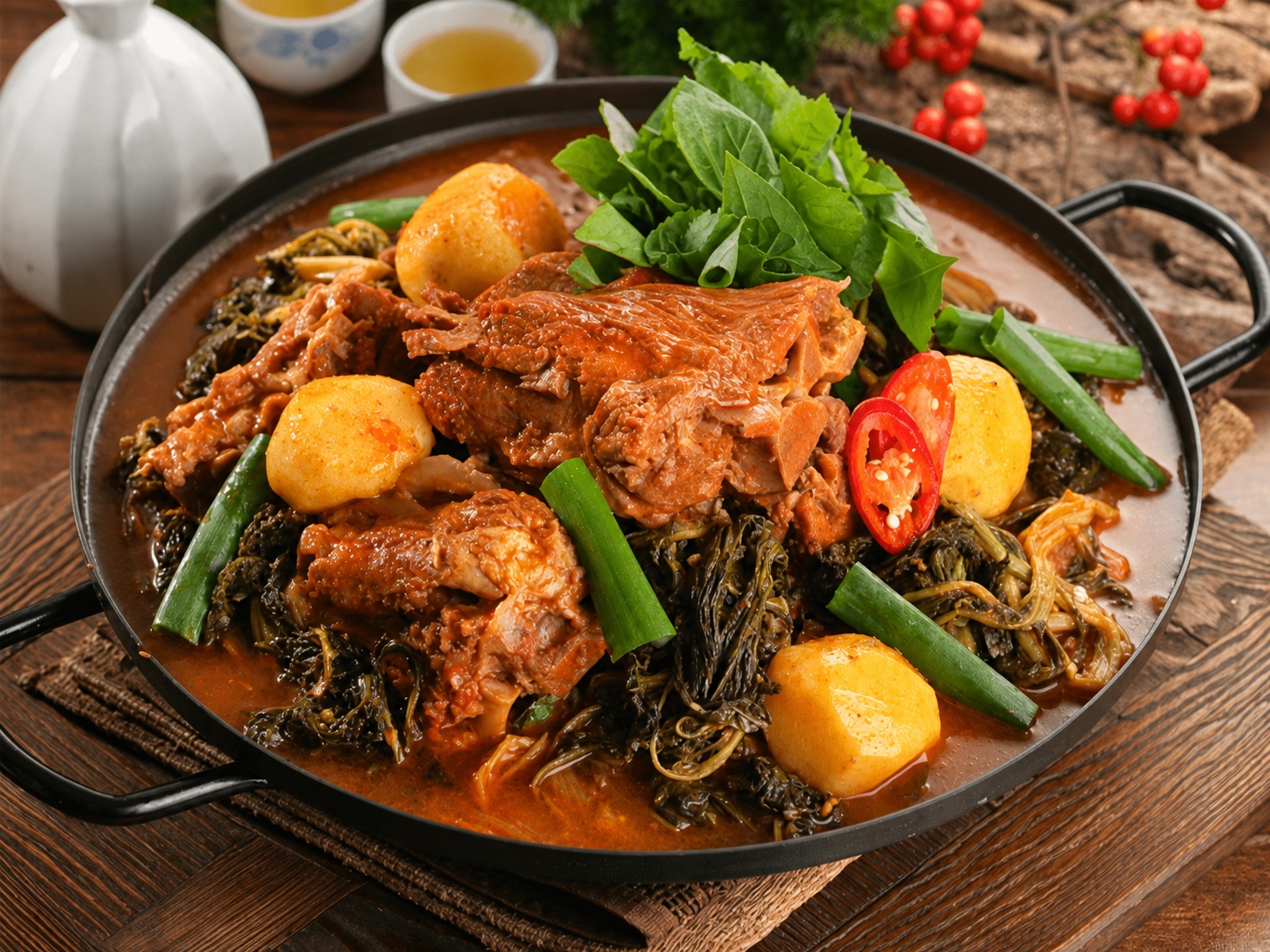 Gamjatang pork-bone stew with potatoes and greens