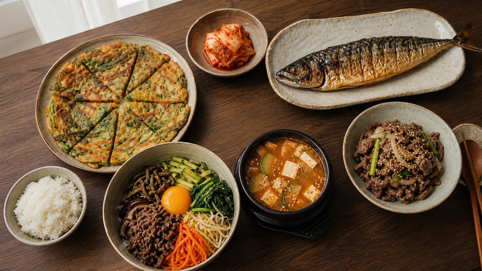 비빔밥, 파전, 불고기, 된장찌개, 고등어구이로 차린 한식 상차림